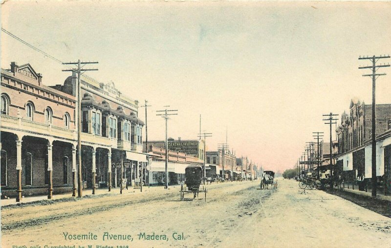 c1910 Hand-Colored Postcard; Yosemite Ave Madera CA Street Scene Posted