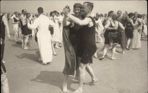 Contest?  Couples Waltz Dancing on Beach Bare Feet Amateur Real Photo Postcard