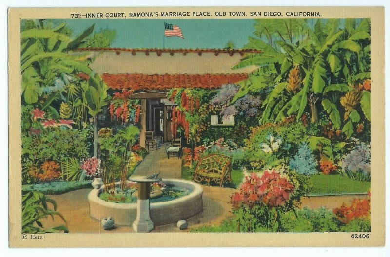 Ramona's Marriage Place Inner Court Herz Postcards Old Town San Diego CA VPC1.