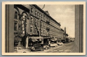 Postcard Reno NV c1940s Hotel Golden Street View Restaurants Old Cars Buffet