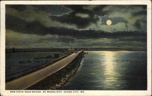 Ocean City Maryland MD Bridge State Road Bridge Moonlight c1920s Postcard