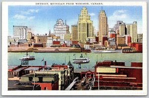 Vtg Detroit Michigan MI City Skyline View From Windsor Canada 1930s Postcard