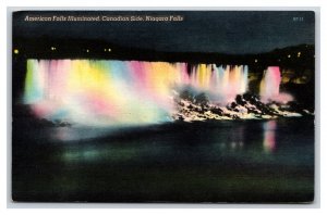 Illuminated American Falls Niagara Falls New York NY UNP Linen Postcard M19