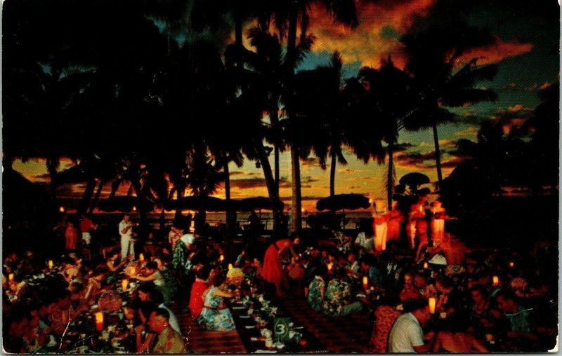 Luau Hawaiian Feast Hawaii HI Sunset Postcard Mirro VTG UNP Vintage Unused Palms 