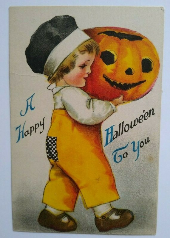 Halloween Postcard Ellen Clapsaddle Antique Wolf Series 1 Unused Child With JOL 