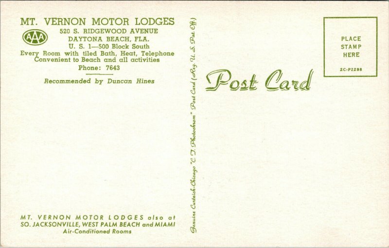Vtg Daytona Beach Beach Florida FL Mt Vernon Motor Lodge Motel 1950s Postcard