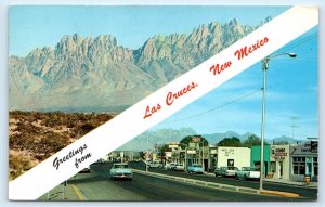 LAS CRUCES, NM New Mexico ~ Mountains & STREET SCENE 1963 Cars Banner Postcard
