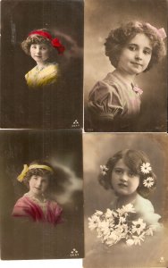 Pretty little girl faces Nice set of four (4) old vintage French photo postcar