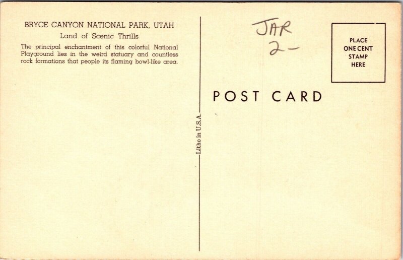 Bryce Canyon National Park Utah UT Land Scenic Thrills Postcard UNP VTG Unused 