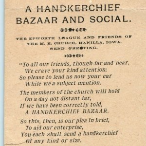 1905 Manilla, IA Epworth League Invite Card Handkerchief Bazaar M.E. Church C21