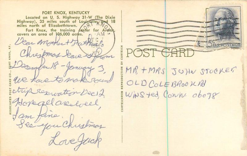 FORT KNOX KENTUCKY POSTCARD US ARMY MILITARY VIETNAM VETERAN POSTCARD TO MOM DAD