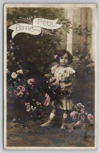 RPPC Sweet Little Girl with Roses Tinted Photo Bonne Fete Postcard H25
