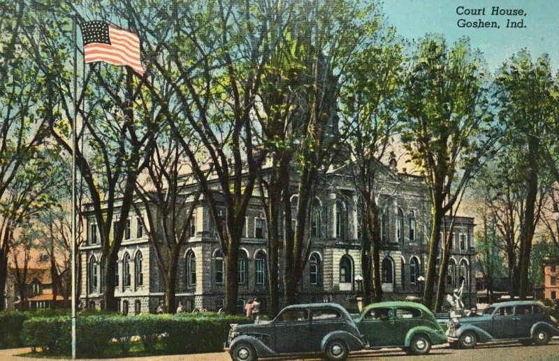 Early Goshen Indiana Court House Postcard Cars US Flag