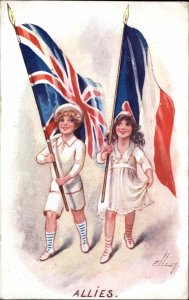 Patriotic Children WWI ELLAM Flags of England & France c1915 Postcard