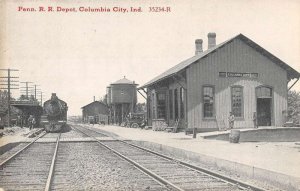 Columbia City Indiana scene at Penn. Railraod Depot antique pc DD6102