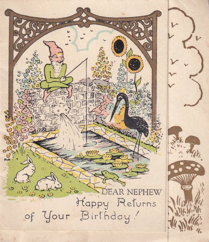 Pixie Elf Fishing with Mushrooms WW2 Antique Birthday Greetings Card