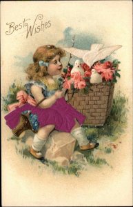 BEST WISHES Girl w Doves REAL SILK DRESS c1910 Postcard