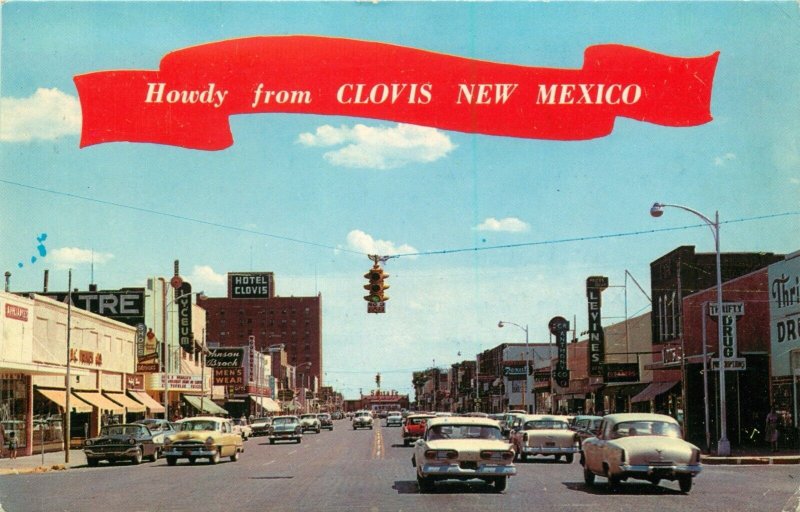 1950s Cars, Howdy From Clovis New Mexico  Vintage Banner Postcard