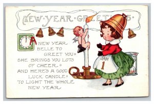 Vintage 1920 Whitney New Year's Postcard Girl Bell Hat Angel Climbs Candlestick