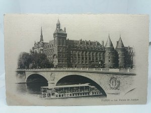 Antique Postcard Paris France Le Palais De Justice Pleasure Boat on River Seine