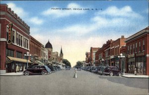 Devils Lake North Dakota ND Street Scene Cars c1940s Linen Postcard