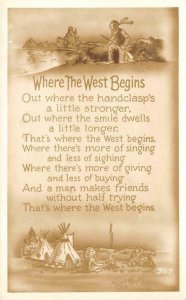 RPPC WHERE THE WEST BEGINS Indians, Tipis, Poem c1950s Vintage Postcard