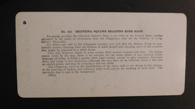 Mint Stereo Postcard Native Americans Chippewa Squaws Braiding Rush Mats Indian