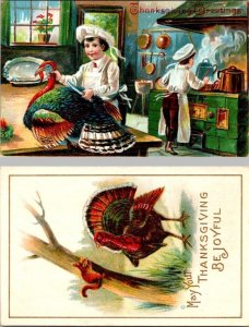 2~ca1910's Postcards  THANKSGIVING GREETINGS  Kitchen~Chefs~Turkey~Squirrel