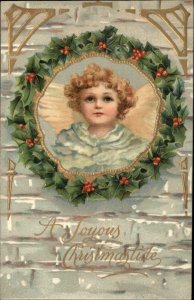 Christmas Sweet Little Boy Blonde Curls c1910 Vintage Postcard