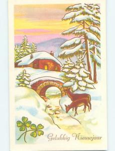 Pre-Chrome New Year foreign DEER DOWN BY THE RIVER IN WINTER HL9088