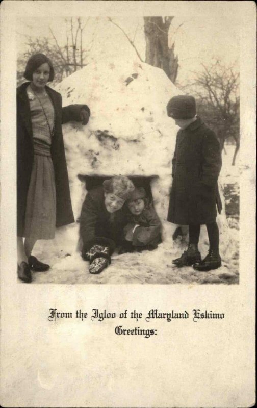 Homemade Christmas Snow Fort Real Photo Postcard MARYLAND ESKIMO 1924