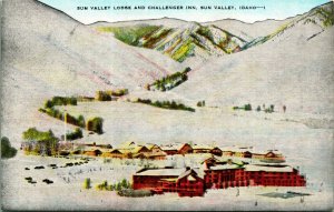 Winter Scene Lodge and Challenger Inn Sun Valley ID Idaho UNP Linen Postcard A9