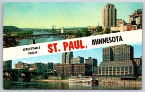 Banner Greeting~Kellogg Blvd & Skyline @ MS River St Paul MN~Vintage Postcard