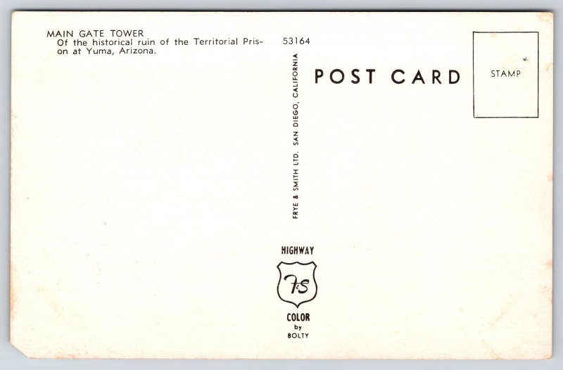 Yuma Arizona~Territorial Prison Ruin~Main Gate Tower~1950s Postcard