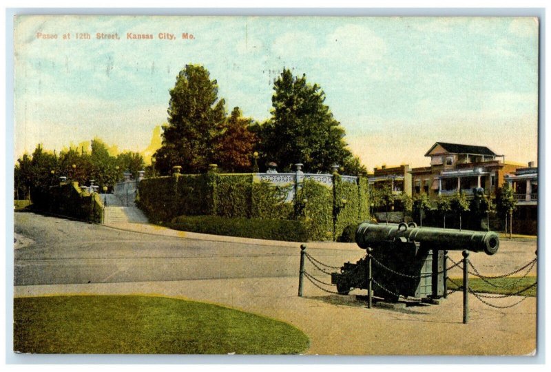 1910 Paseo at 12th Street Kansas City Missouri MO Antique Posted Cannon Postcard