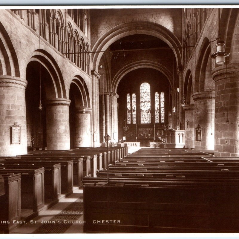 c1930s Chester, England RPPC St John's Church Nave East Interior Arches Pew A349