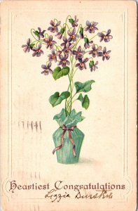 VINTAGE POSTCARD HEARTIEST CONGRATULATIONS FLOWER VASE WILMINGTON DELAWARE 1908