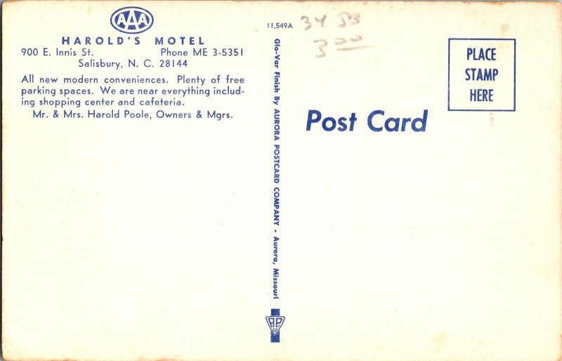 Harold's Motel on Highways 85 52 70 Salisbury NC Vintage Postcard K71