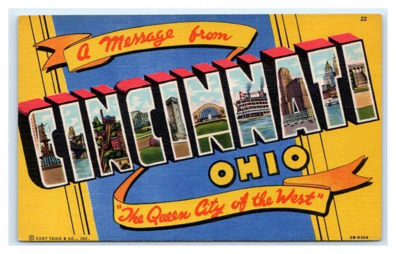 Set 2 Large Letter Linen CINCINNATI, OH Ohio 1949 Curteich Tichnor Postcards