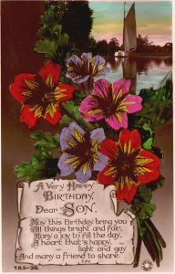 Vintage Postcard 1910's A Very Happy Birthday Dear Son Heart Happy Greetings 