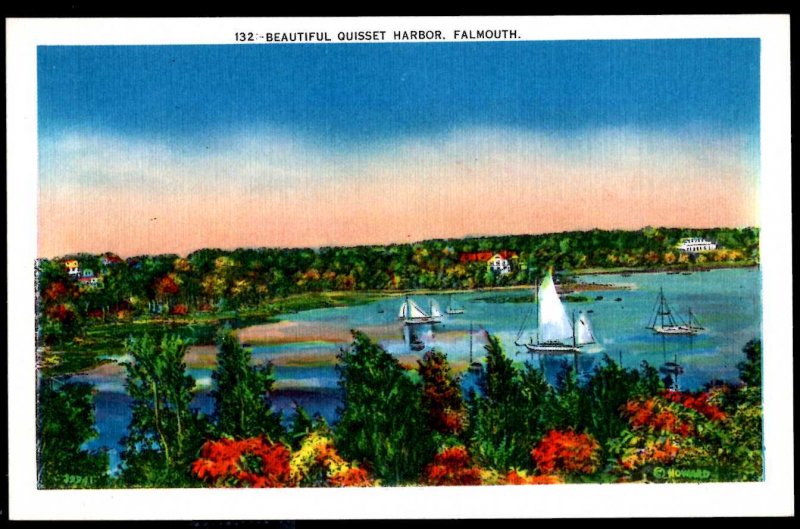 Massachusetts FALMOUTH Beautiful Quissett Harbor Sail Boats ~ Linen