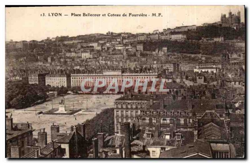 Old Postcard, place Bellecour Lyon and Fourviere hill