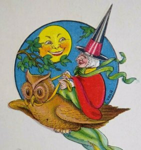 Halloween Postcard Witch Flying On Owl By Mr Moon Candle Fantasy E Von H 6027