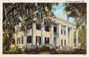 NATCHEZ MISSISSIPPI MS~D'EVEREUX-WILLIAM ST JOHN ELLIOT MANSION~1930s POSTCARD
