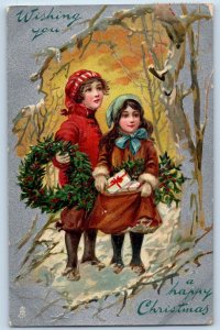 Christmas Postcard Children With Gifts And Wreath Berries Winter Tuck Embossed