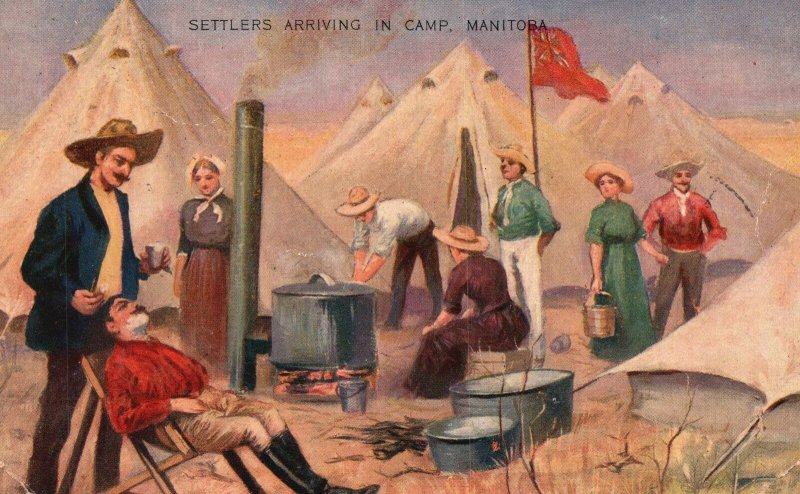 Settlers Arriving in Camp Manitoba Canada CAN Painting Art Vintage Postcard 1910