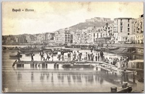 Napoli Marina Naples Italy People On Pier Buildings Mountain Background Postcard