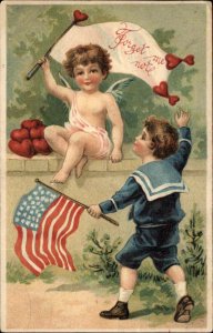 MEMORIAL DAY VALENTINE American Flag Cupid Hearts Antique Postcard