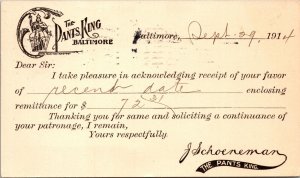 The Pants King Receipt Baltimore Maryland Postal Card 1914 to Rimonson Co ND