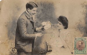 US3643 Couple Lovers, Man gifting Flowers to Woman Postcard russia